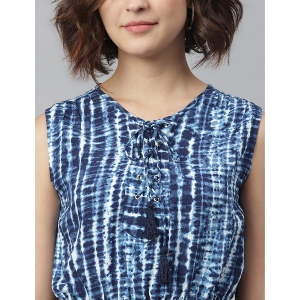 Generic Women's Rayon Tie & Dye Sleeveless Above Knee Dress (Blue)