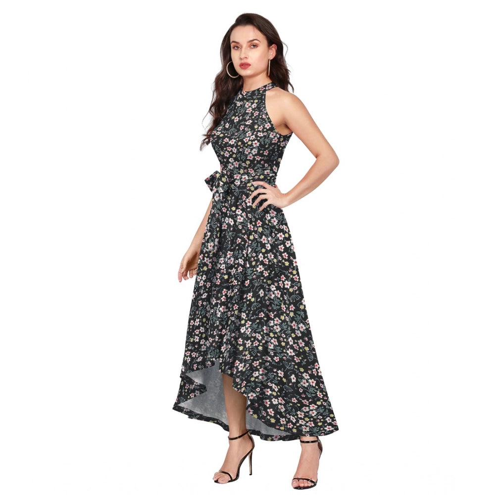 Generic Women's Polyester Printed Halter Neck Sleeveless Dress (Black)