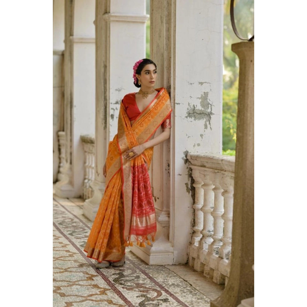 Generic Women's Silk_Blend Ethnic Ikat Pattern Saree With Unstitched Blouse 5.5Mtr (Mustard)