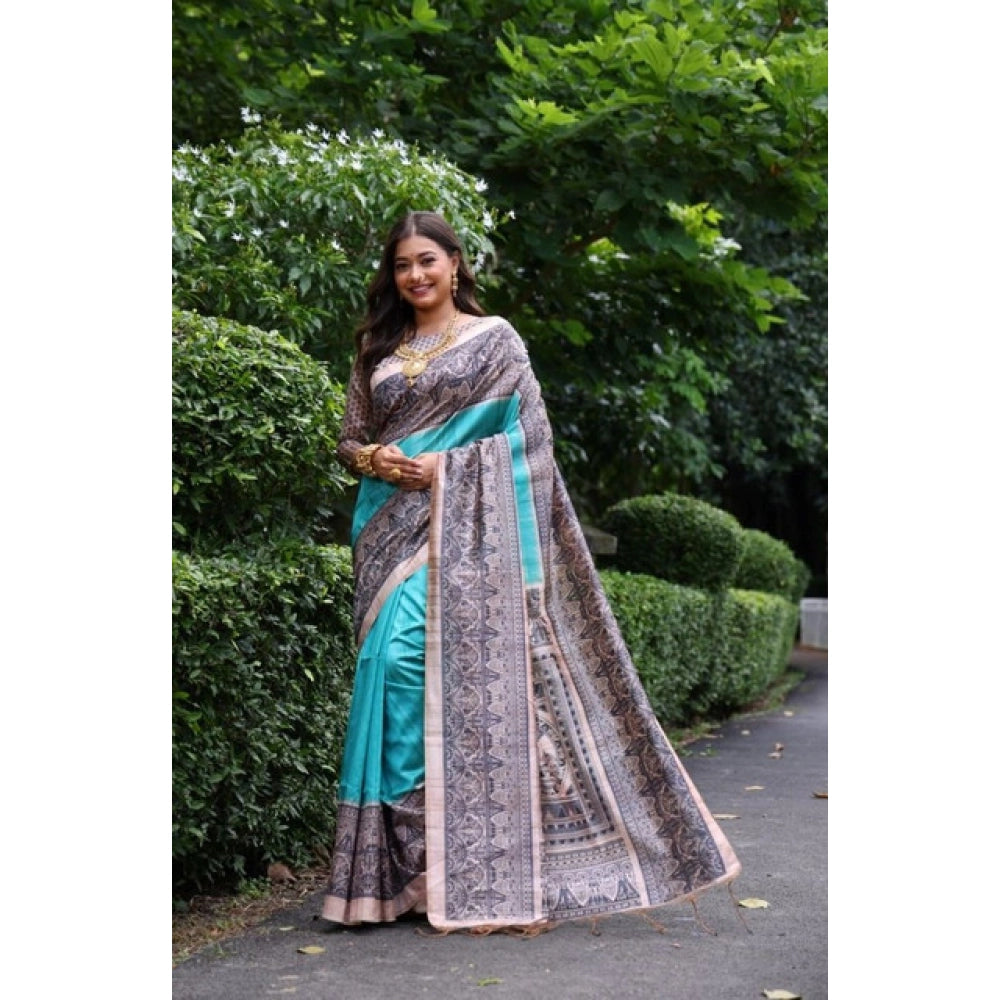 Generic Women's Faux_Tussar Ethnic_Print Saree With Unstitched Blouse 5.5Mtr (Aqua_Blue)