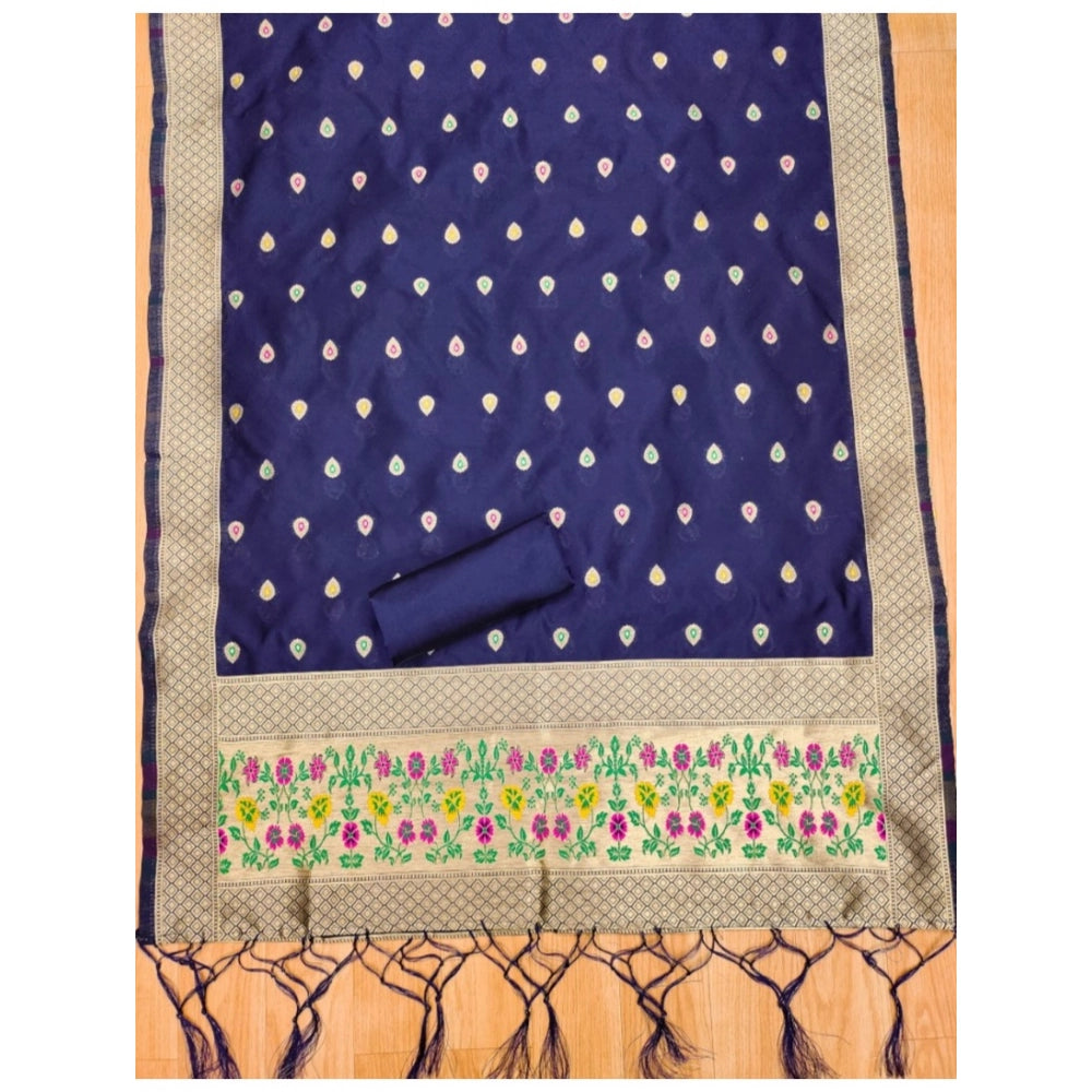 Generic Women's Banarasi Silk Printed Unstitched Salwar Suit Material With Dupatta (Navy Blue, 3Mtrs)