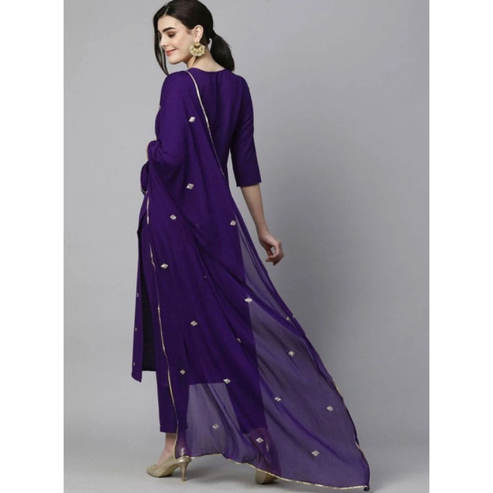 Generic Women's Tesla Silk Embroidered U-Neck Kurti With Pant Dupatta Set (Dark Purple)